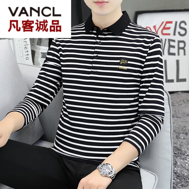 凡客诚品(VANCL)【雷军推荐】2025春秋季长袖t恤男士Polo衫纯棉带领条纹上衣 凡客2218黑条纹 M 建议100-115斤【图片 ...