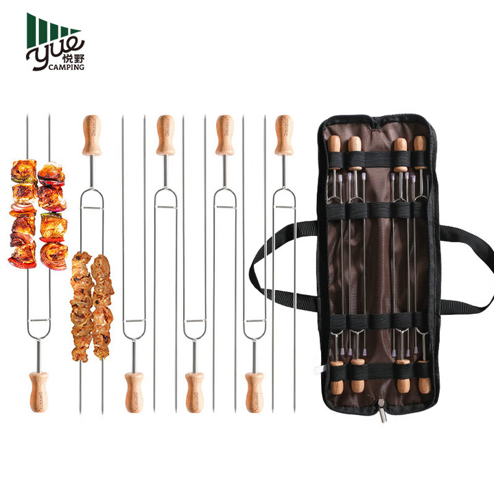 CAMPINGMOON柯曼不锈钢8合1烤针榉木烧烤叉翻转烤鸡架MK-60旋转烤肉架野外 MK-8(烤叉8支带包)