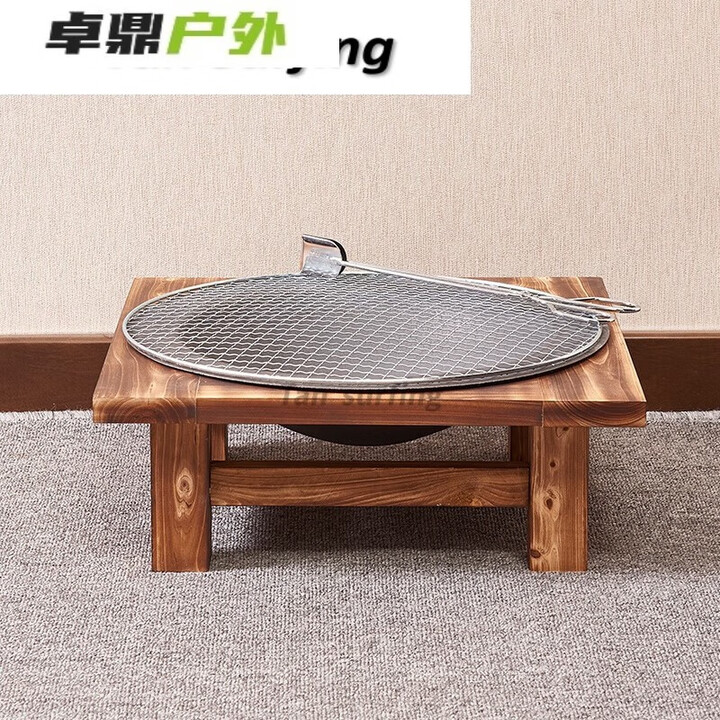 实木老式烤火盆木炭取暖铸铁炭火冬季室内家用木炭烧烤架围炉煮茶 松木架+铸铁盆+圆网+夹子