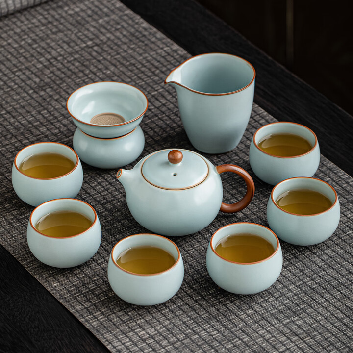 瓷牌茗茶具天青汝窑功夫茶具套装高档开片泡茶器待客专用茶杯整套带茶盘 XM天青汝窑《西施壶》6罗汉杯10件套【图片 价格 品牌 报价】-京东