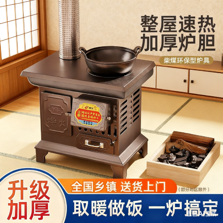 柴火取暖炉柴煤两用气化炉子冬天农村家用室内无烟采暖新型烤火炉 大号特厚款+5米烟筒弯头+防烫网礼包