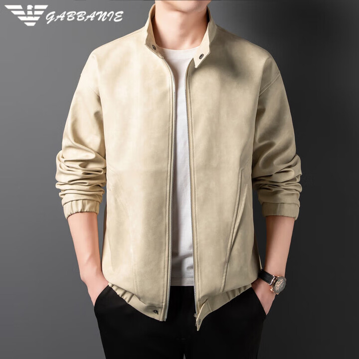ARMANI EXCHANGE阿玛尼PU皮夹克男士春季休闲立领上衣宽松痞帅防风外套男 J2501米色 3XL (适合体重170-190斤 ...