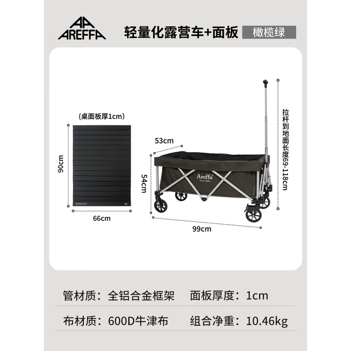 AREFFA户外露营车折叠推车野餐营地车大容量旅行野营装备四向手拉车拖车 150L 有刹车 橄榄绿露营车+面板