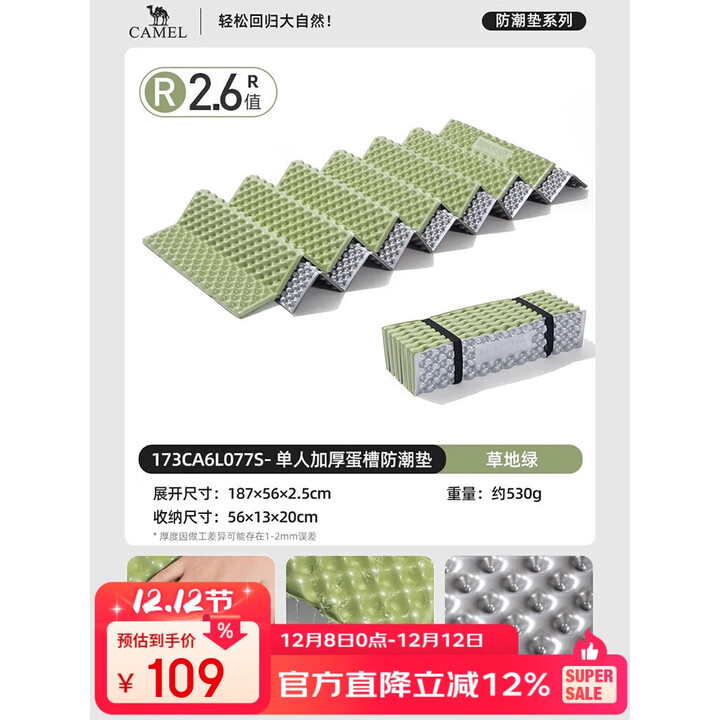 骆驼（CAMEL）蛋巢防潮垫户外露营蛋槽垫帐篷睡垫折叠坐垫地垫蛋壳防潮坐垫077S