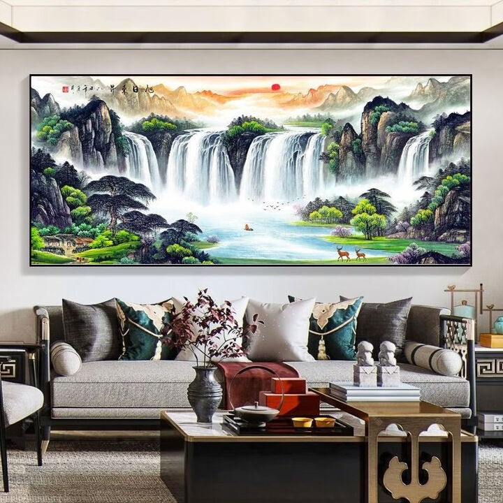 咏幻万里长城客厅挂画沙发背景墙壁画国画办公室装饰字画靠山图山水画 CT308[旭日东升] 拉丝铝合金边框[晶瓷工艺] 轻奢金色边框 左右宽 ...
