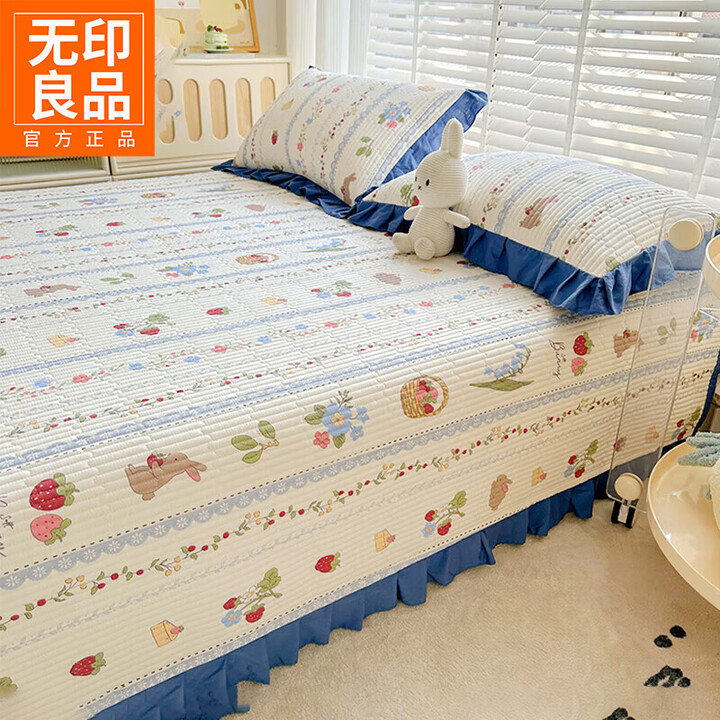 无印良品全棉加厚夹棉床盖家用床单纯棉加厚床褥铺盖被单榻榻米床垫遮盖物 浆果小兔【A类面料 加厚夹棉】 220cm*240cm 三件套-床盖 ...