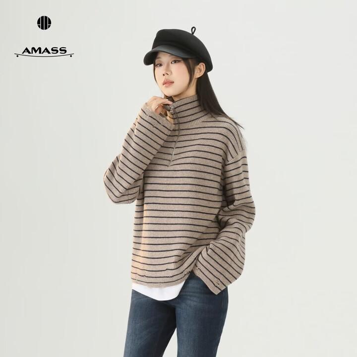 阿玛施（AMASS）女装外套新款品质时尚百搭条纹落肩袖半拉链毛针织衫538088 燕麦色 S 2码【图片 价格 品牌 报价】-京东