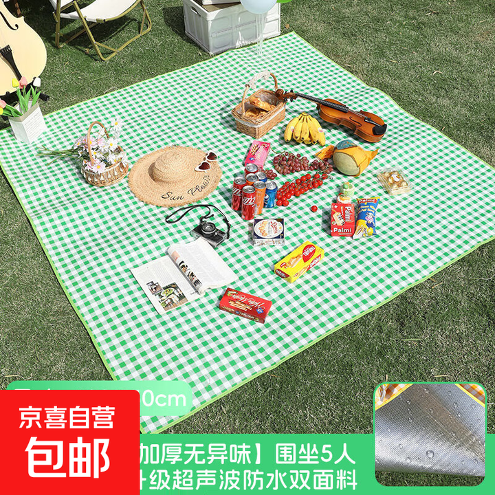 野餐垫防潮垫防水加厚便携式户外旅游露营野餐地垫草坪春游沙滩垫 【双面防水 安心无味】绿格子 150*200cm 可围坐8人