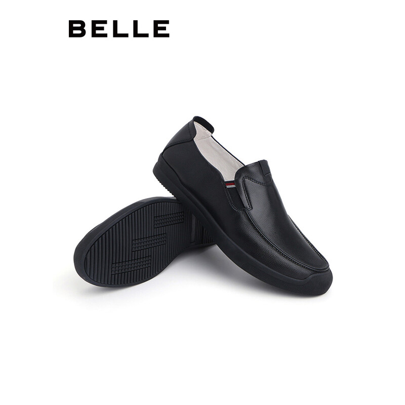 百丽休闲男鞋豆豆鞋男商场同款牛皮舒适单鞋5VW01CM8 黑色 42