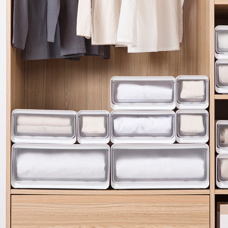 茶花收纳箱抽屉式衣柜内桌面收纳盒自由组合家用塑料整理箱衣服储物箱 大中小三件套【带隔板】