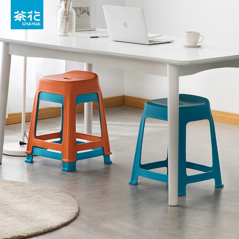 茶花贝壳家用成人塑料凳子防滑板凳简约客厅加厚方凳餐桌高凳 橘色 4个装