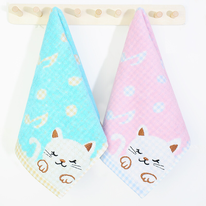 Xinya towel pure cotton kitten children's face washing towel class a absorbent children's towel 2 pieces Blue / powder 25 * 49cm