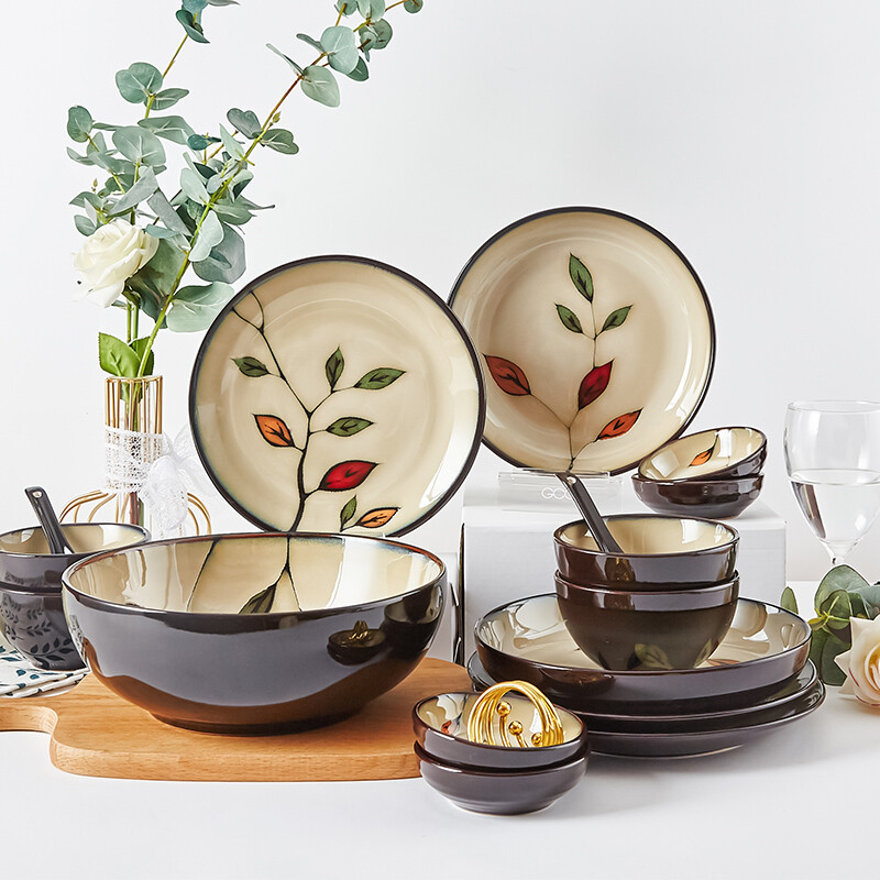 Jiabai tableware set Korean ceramic bowl and dish set Chinese household color leaf series 18 heads suitable for tableware for four people microwave oven suitable for underglaze color