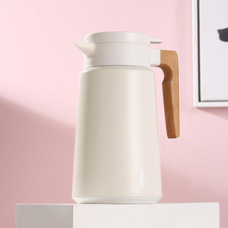 Jingdong jingzao Nordic wooden handle thermos 304 stainless steel vacuum thermos portable large capacity domestic hot water pot 1.8L elegant white