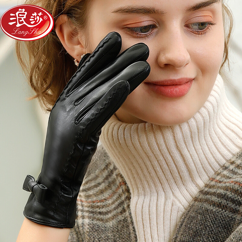 Langsha leather gloves women's winter warm Plush windproof and cold proof fashion elegant bow trimmer outdoor riding touch screen women's gloves lssq-a045-7902 Black s