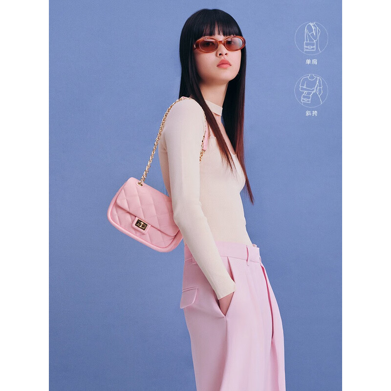 百丽菱格包包女2023夏季新款简约休闲小香风单肩斜挎绗缝包X9085BX3 粉色 F
