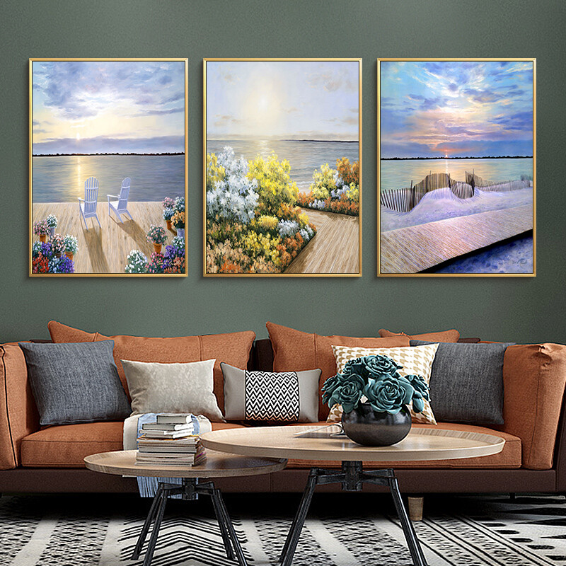 Long time no see, facing the sea, spring flowers bloom, living room decoration painting, sea scenery, Nordic hanging painting, ocean blue sofa background wall, spring flowers bloom triptych 40 * 60