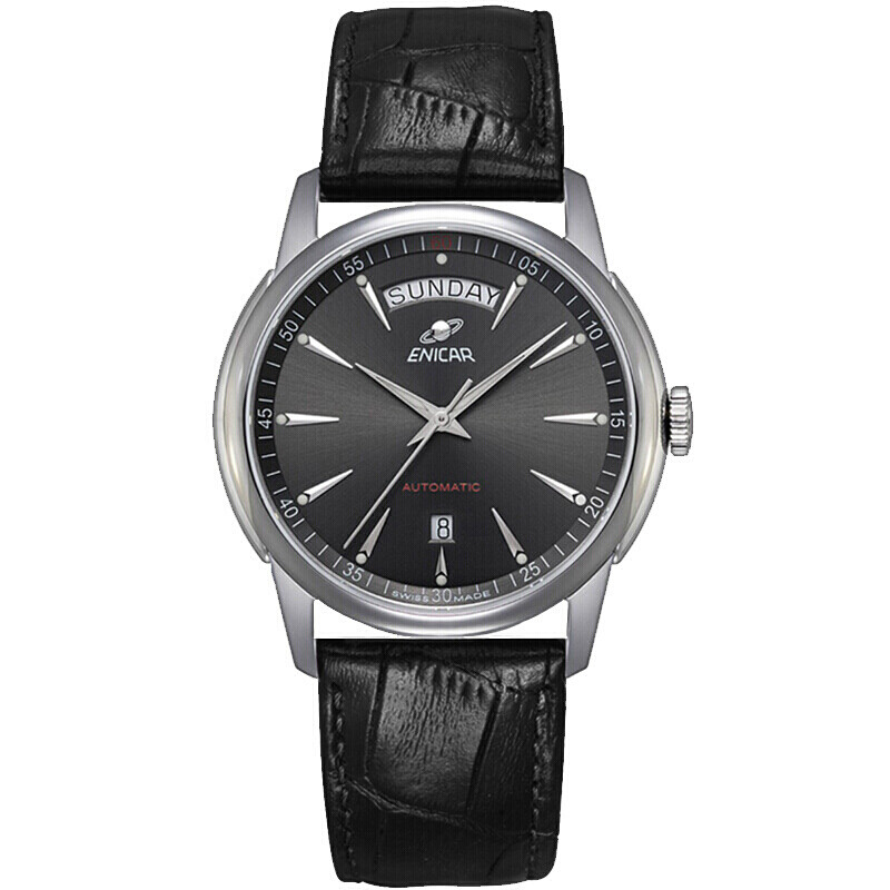 Enicar Swiss original imported watch red card series black disc Black Belt double calendar display automatic mechanical men's watch 1169 / 50 / 357abz