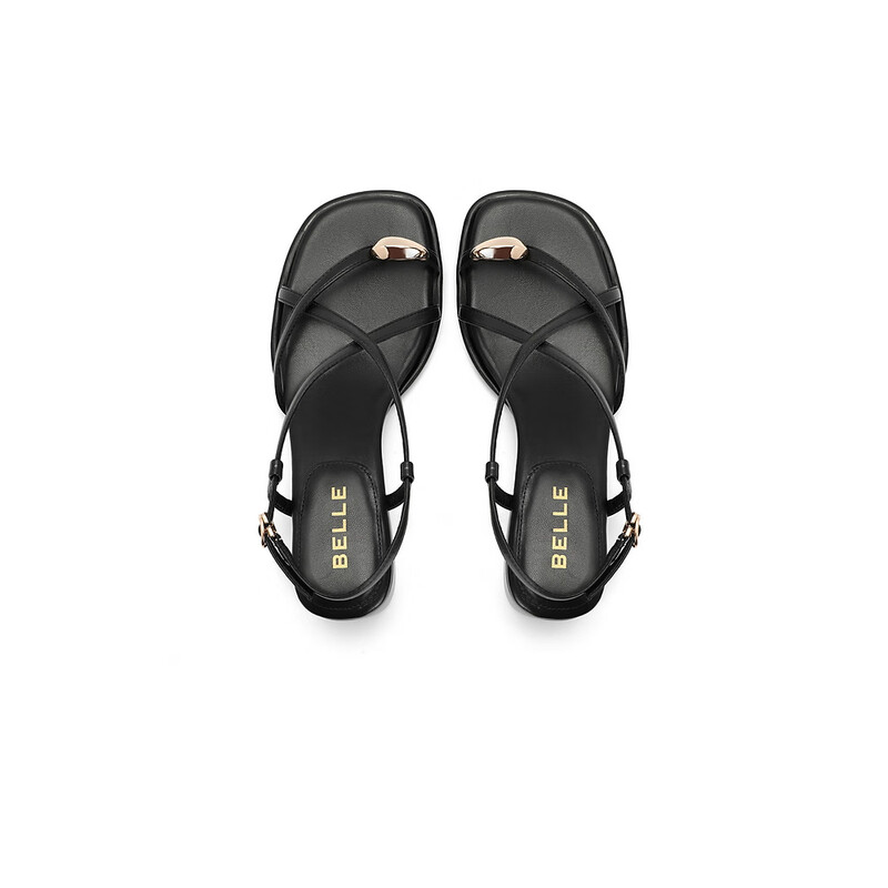 百丽缠绕带休闲凉鞋2023夏季新款方头简约风一字带凉鞋B1452BL3 黑色 37