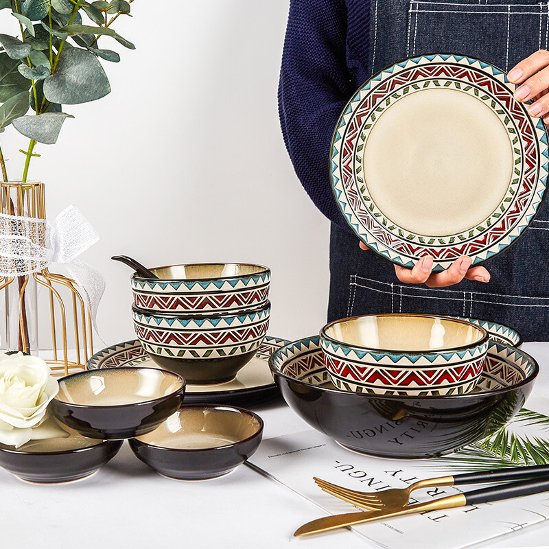 Jiabai Moroccan Style bowl and dish set household light luxury modern retro simple Nordic creative ceramic tableware net red ins bowl Reger 16 head combination