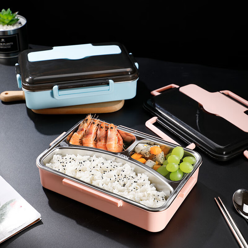 Jiabai 304 stainless steel lunch box enlarges and deepens 3 grid student lunch box Nordic lunch box sealed bento box with separated stainless steel chopsticks and spoons pink j1013-3f