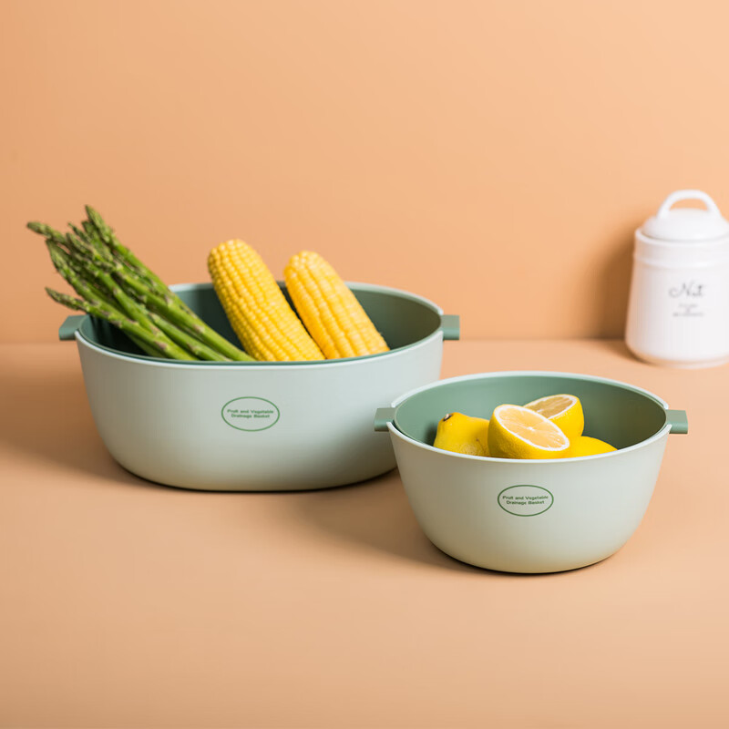 Pinmu double-layer drainage basket vegetable washing basin kitchen water filtering basket large capacity vegetable washing basin household fruit tray vegetable storage basin vegetable washing artifact ins wind light green (2 pots + 2 baskets)