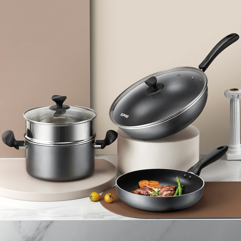 SUPOR pot set non stick frying pan frying pan soup pan three piece set frying pan steaming pan gas induction cooker general tp2005e