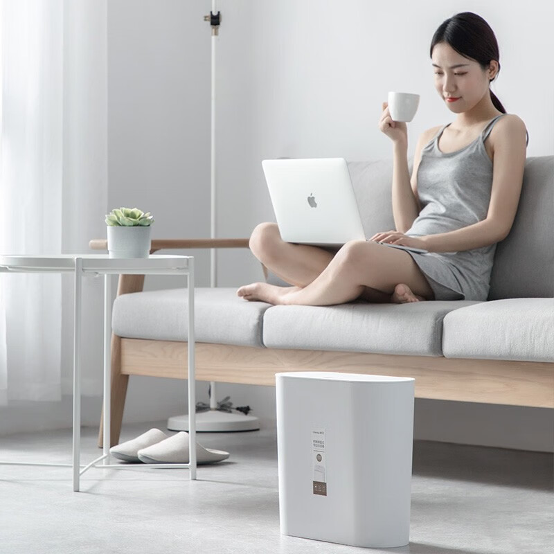 茶花柯琳按压弹盖式垃圾桶大号带盖家用厨房办公室纸篓204003 【10.8L大号窄边垃圾桶】白色