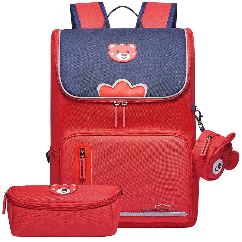 Victoria traveler schoolbag for primary school students boys and girls Korean children schoolbag for grades 1-3-6 light backpack large capacity schoolbag for middle school students s8031 red three piece set