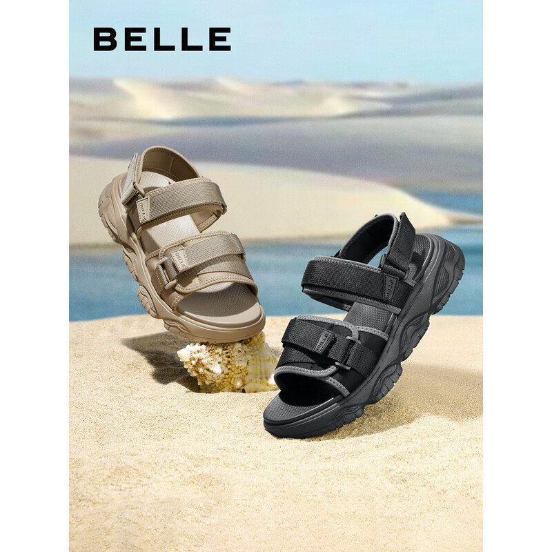 百丽户外休闲鞋男2023夏季新款舒适厚底魔术贴运动沙滩凉鞋A1204BL3 黑色 42