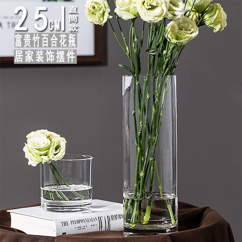Shengshi Taibao Fuguizhu rose lily Glass Vase Decoration hydroponic flowers transparent vase living room dining room decoration straight tube 25cm