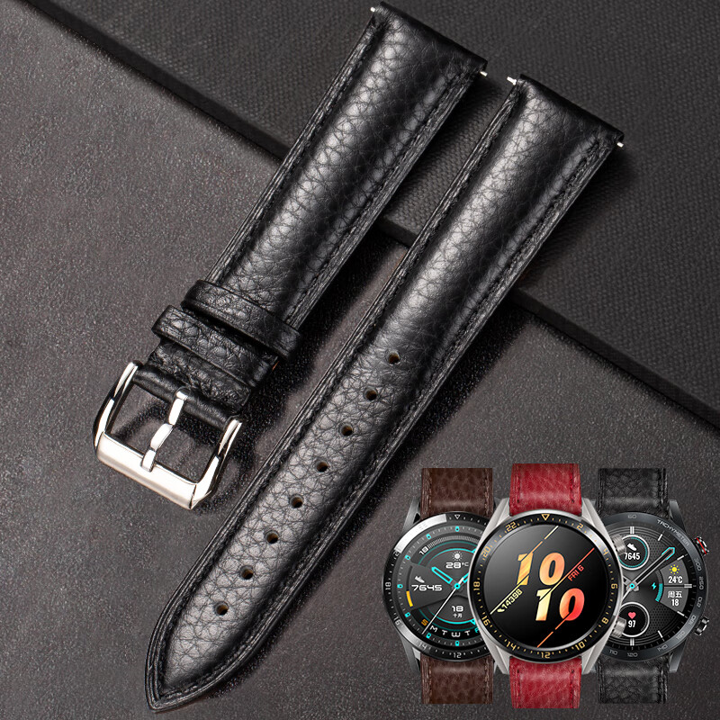Mens Huawei watch strap men's and women's watch2 GT / GT2 watch strap 2E / watch2 Pro / glory smart watch strap replacement watch chain litchi calf leather strap 20mm elegant black