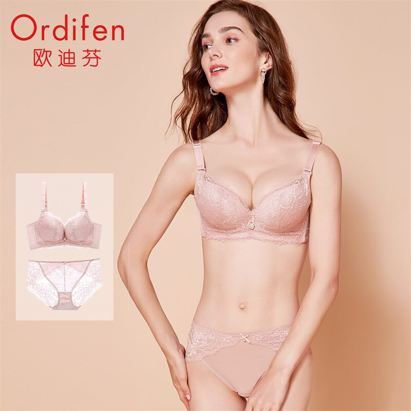 Odifen bra set underwear female lace traceless underwear female thin top and thick bottom gathered beautiful back women's bra bra set xb9104 pink grey C85 / XL