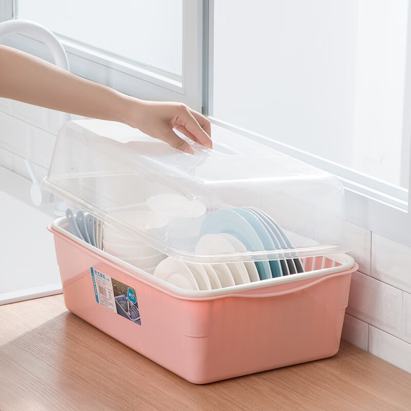 茶花（CHAHUA） 茶花欧式带盖碗碟架放碗架收纳盒沥水架装碗筷收纳箱碗柜置物 【小号】1818蓝色35*26.3*16.5cm