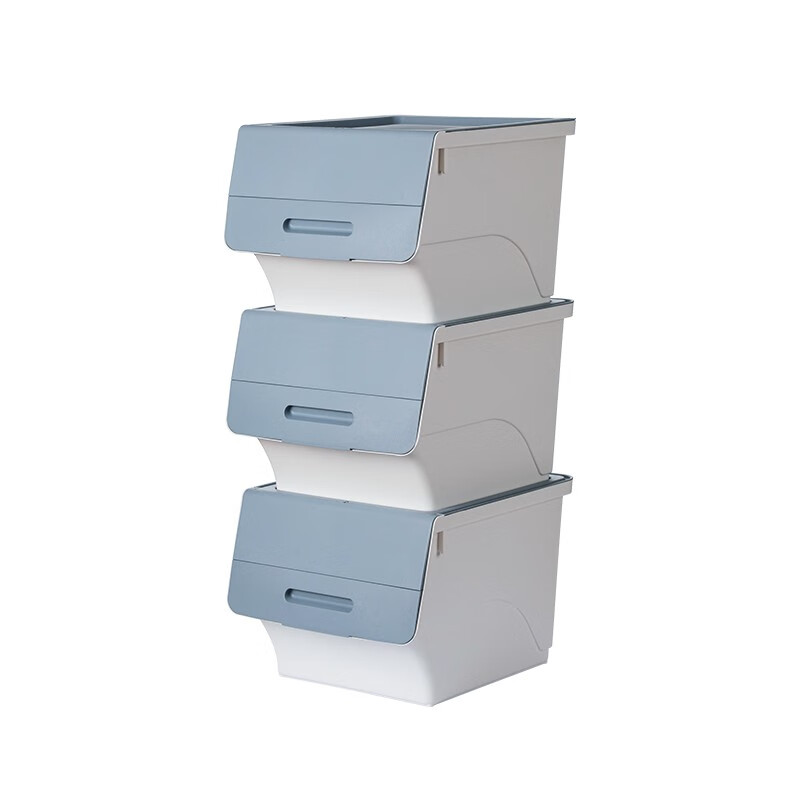 茶花（CHAHUA）收纳箱塑料收纳盒儿童玩具整理箱储物箱斜口前开叠加侧开收纳柜 【浅蓝灰】3个装 大号34L【45.5*38*31cm】