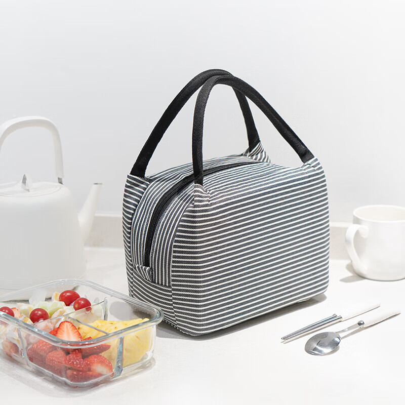 Jiaoqu lunch box bag thermal insulation bag portable Bento bag thickened aluminum foil thermal insulation bag lunch box bag fashion large Bento bag lunch with portable lunch box bag black stripe