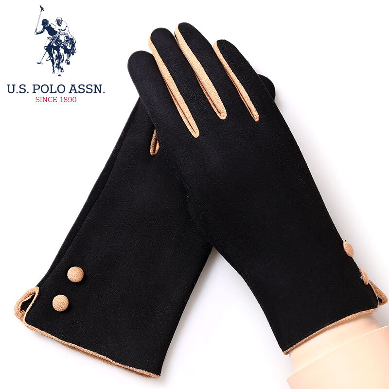 US Polo suede gloves women's autumn and winter fashion Plush thickened warm windproof cold proof cycling anti-skid touch screen velvet gloves women's gift box pstwd-62006 black