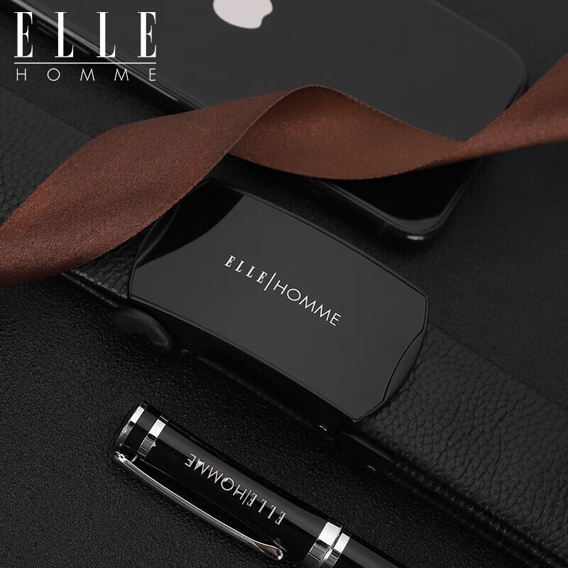 Elle Homme business men's belt formal dress top leather automatic buckle belt bright side buckle pants belt gift box ee884700335 black 120-125cm (birthday gift for boyfriend)