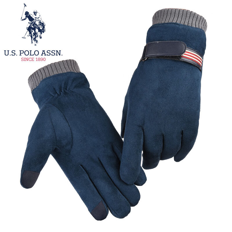 US Polo leather gloves men's autumn and winter fashion Plush thickened warm windproof cold proof cycling anti slip touch screen suede gloves men's gift box pstmd-62004 blue