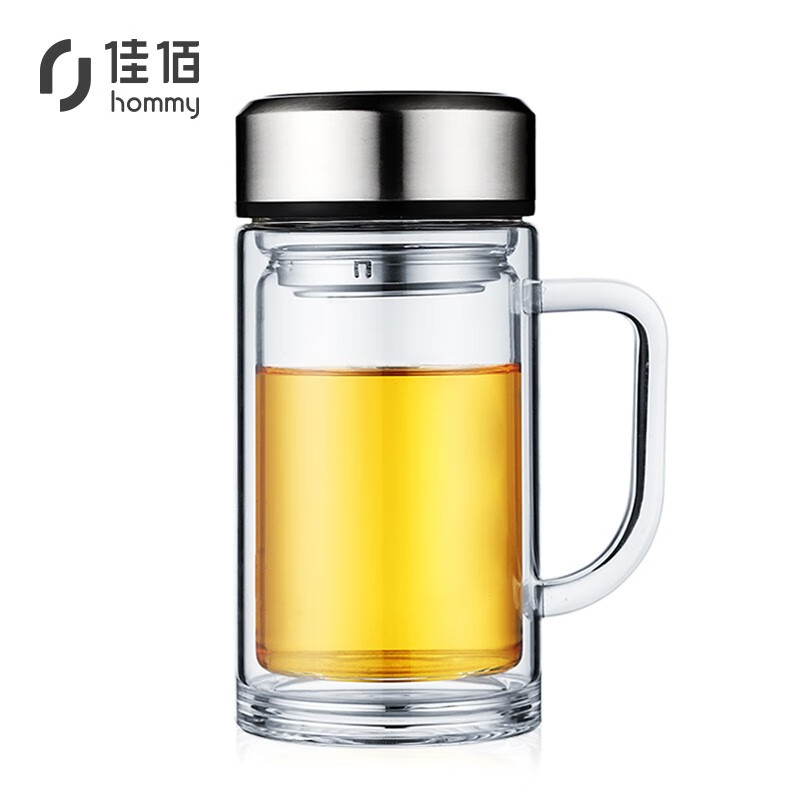 Jiabai double layer glass men's and women's office business water cup large capacity filter screen tea cup with handle cup thick bottom 520ml natural color