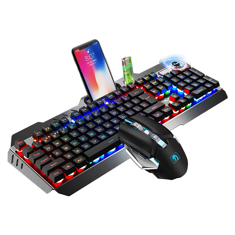 Technology game keyboard and mouse set wireless E-sports backlight rechargeable mechanical touch keyboard computer Internet bar keyboard and mouse set metal gray rainbow light knob version