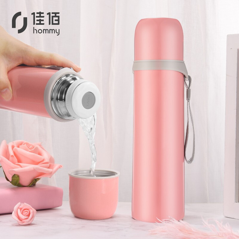 Jiabai thermos cup 304 stainless steel student water cup Thermos Pot men's and women's bullet portable vacuum water cup with portable rope 500ml Pink (jiabai-zdt001)