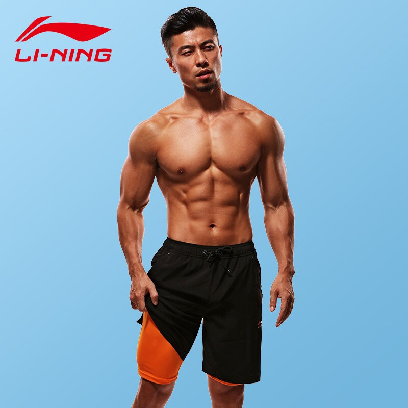 Li Ning Li-Ning swimming trunks men's anti embarrassment swimming trunks safety sports leisure beach pants fashion fitness sports shorts men's swimsuit 957-1 black orange XL