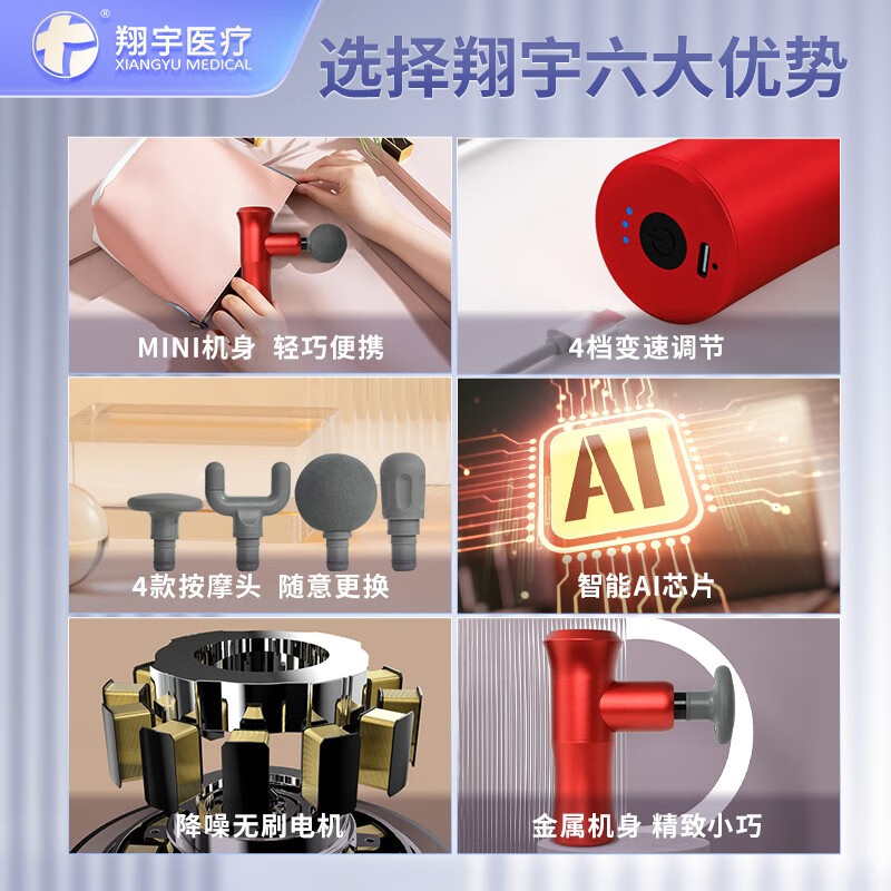 翔宇医疗 深层肌肉刺激仪XY-DMS-102mini筋膜枪 迷你小巧便携款运动按摩器肌肉放松理疗仪 102mini（红）+4个按摩头+手提收纳盒