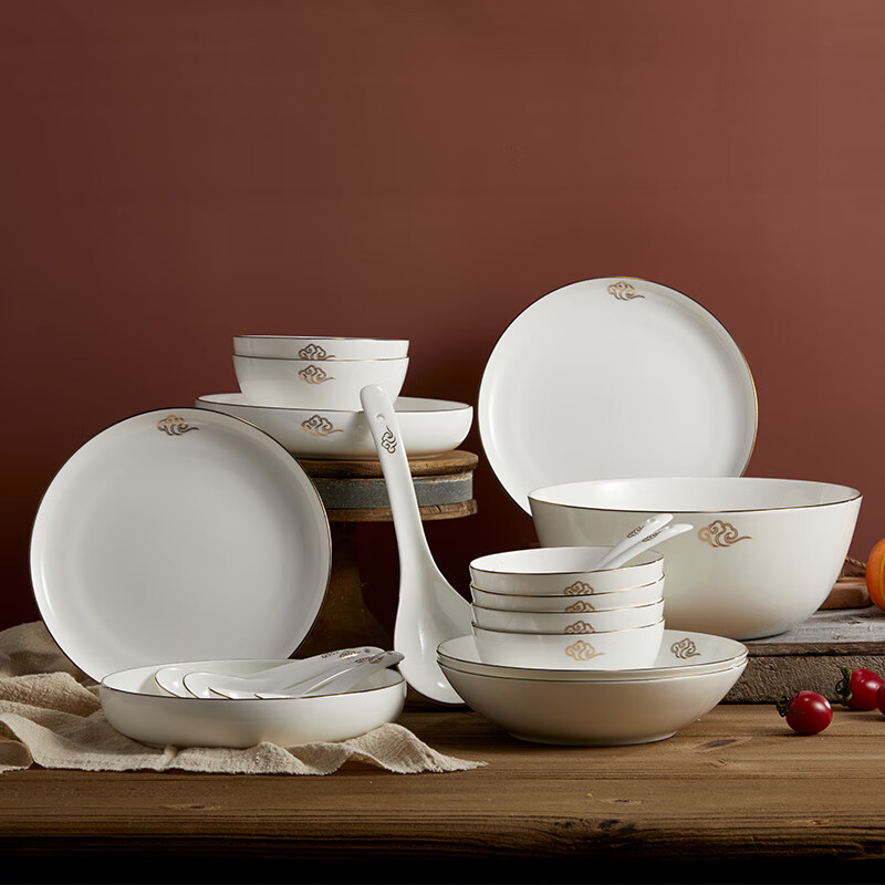 Jingdong jingzao Xiangyun series ceramic tableware set bone china household bowl and plate imported real gold tracing can be used in microwave oven with 20 heads