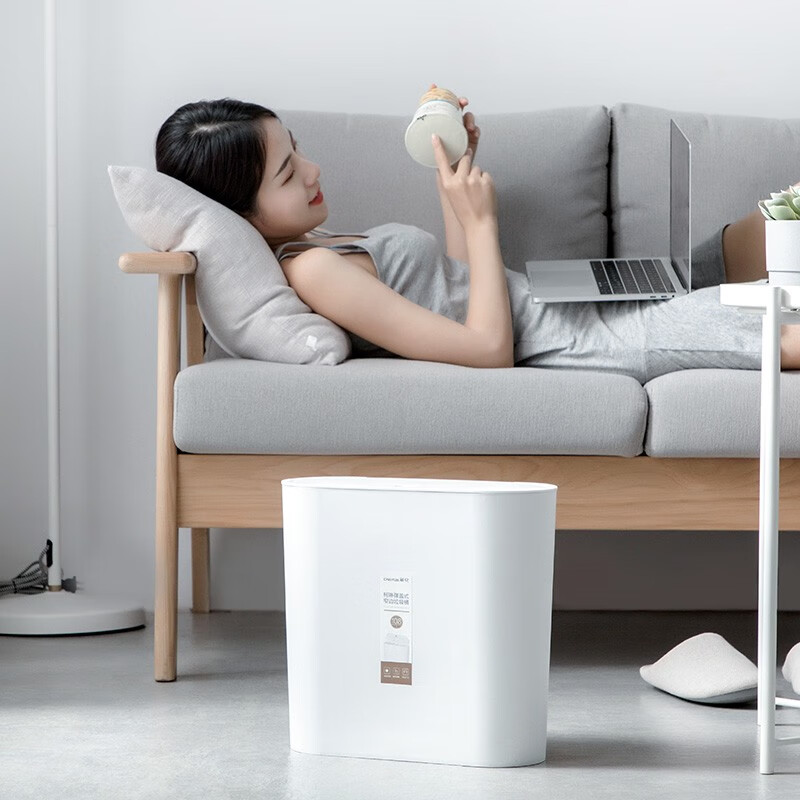 茶花柯琳按压弹盖式垃圾桶大号带盖家用厨房办公室纸篓204003 【10.8L大号窄边垃圾桶】白色