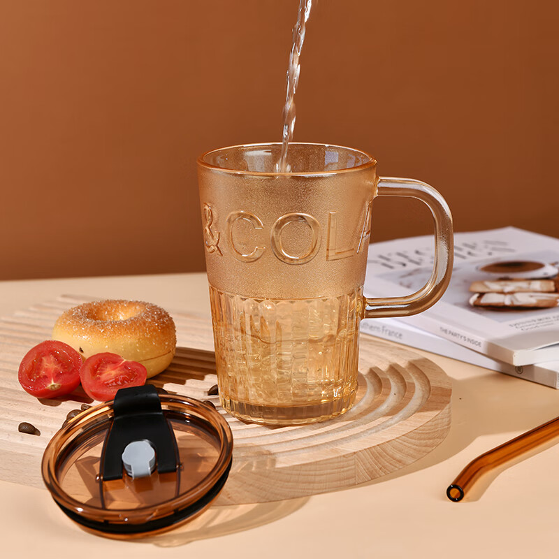 MOM 吸管杯玻璃水杯咖啡杯商务礼品批发活动礼采购送客户6127/6128 带盖把手吸管杯400ml