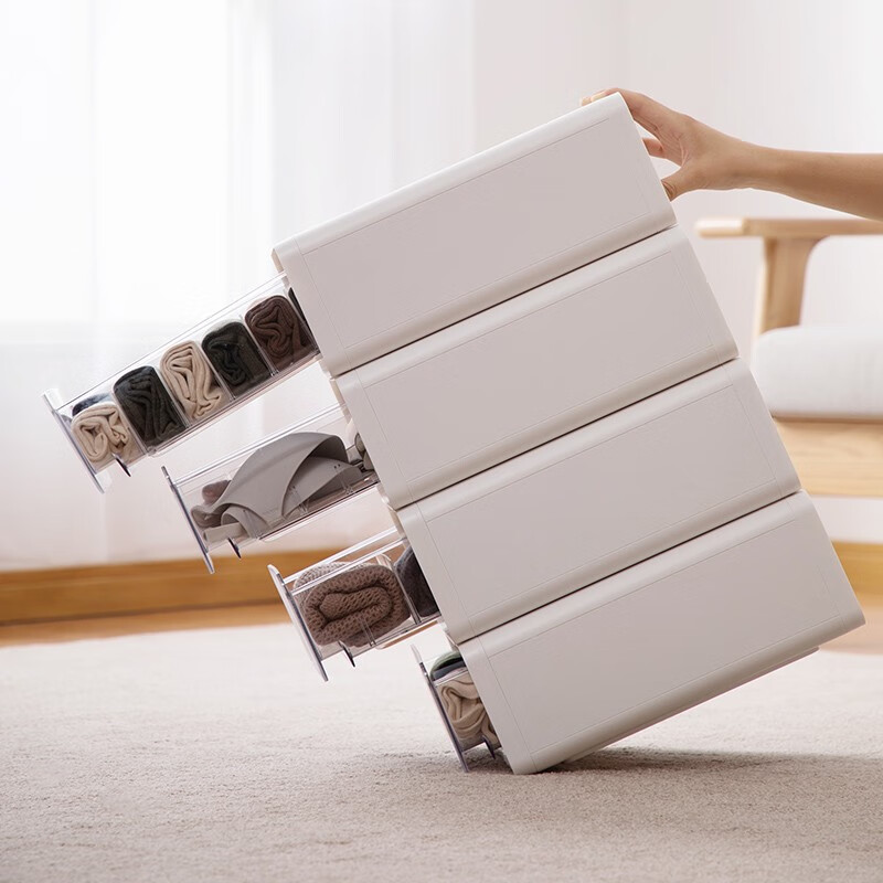 茶花收纳箱抽屉式衣柜内桌面收纳盒自由组合家用塑料整理箱衣服储物箱 大中小三件套【带隔板】