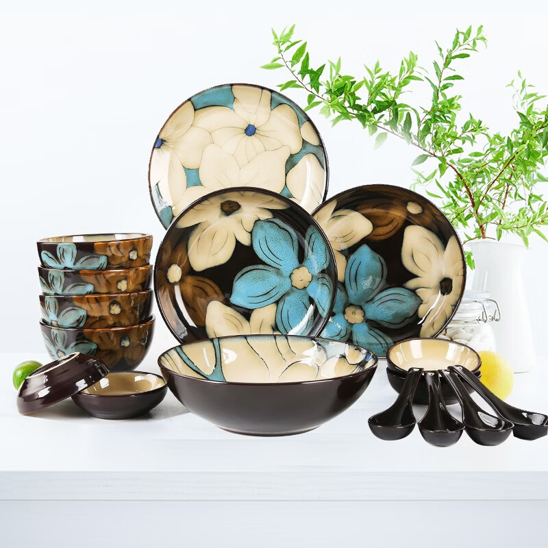 Jiabai tableware set Korean ceramic bowl and dish set home Jinxiu series 16 heads suitable for tableware for four people microwave oven suitable for underglaze color