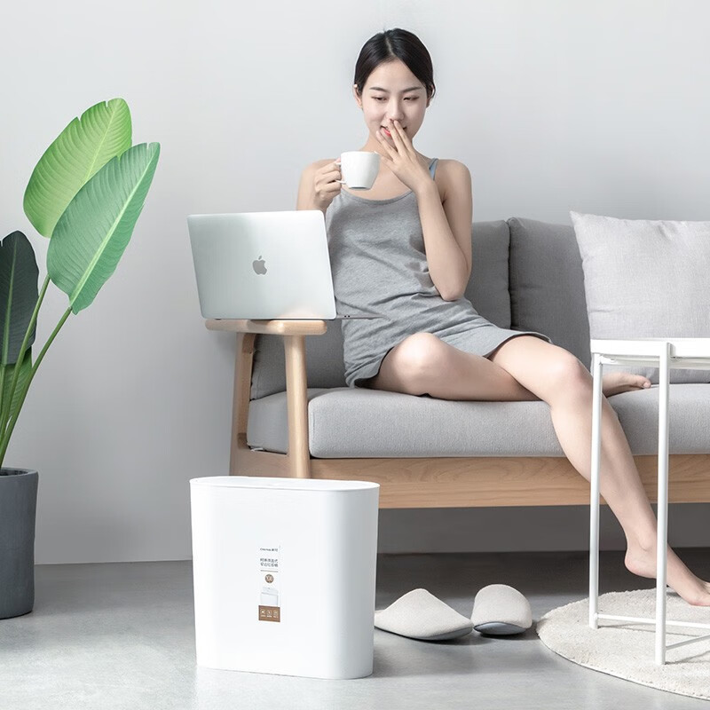 茶花柯琳按压弹盖式垃圾桶大号带盖家用厨房办公室纸篓204003 【10.8L大号窄边垃圾桶】白色